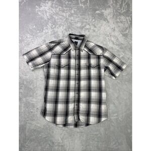 Vintage Anchor Blue Plaid Flannel Shirt Men's Sz L Short Sleeve Snap Button Y2K